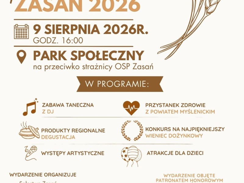 09 sierpnia 2026 o 16:00 Wydarzenie: Dożynki Parafialne w Zasani