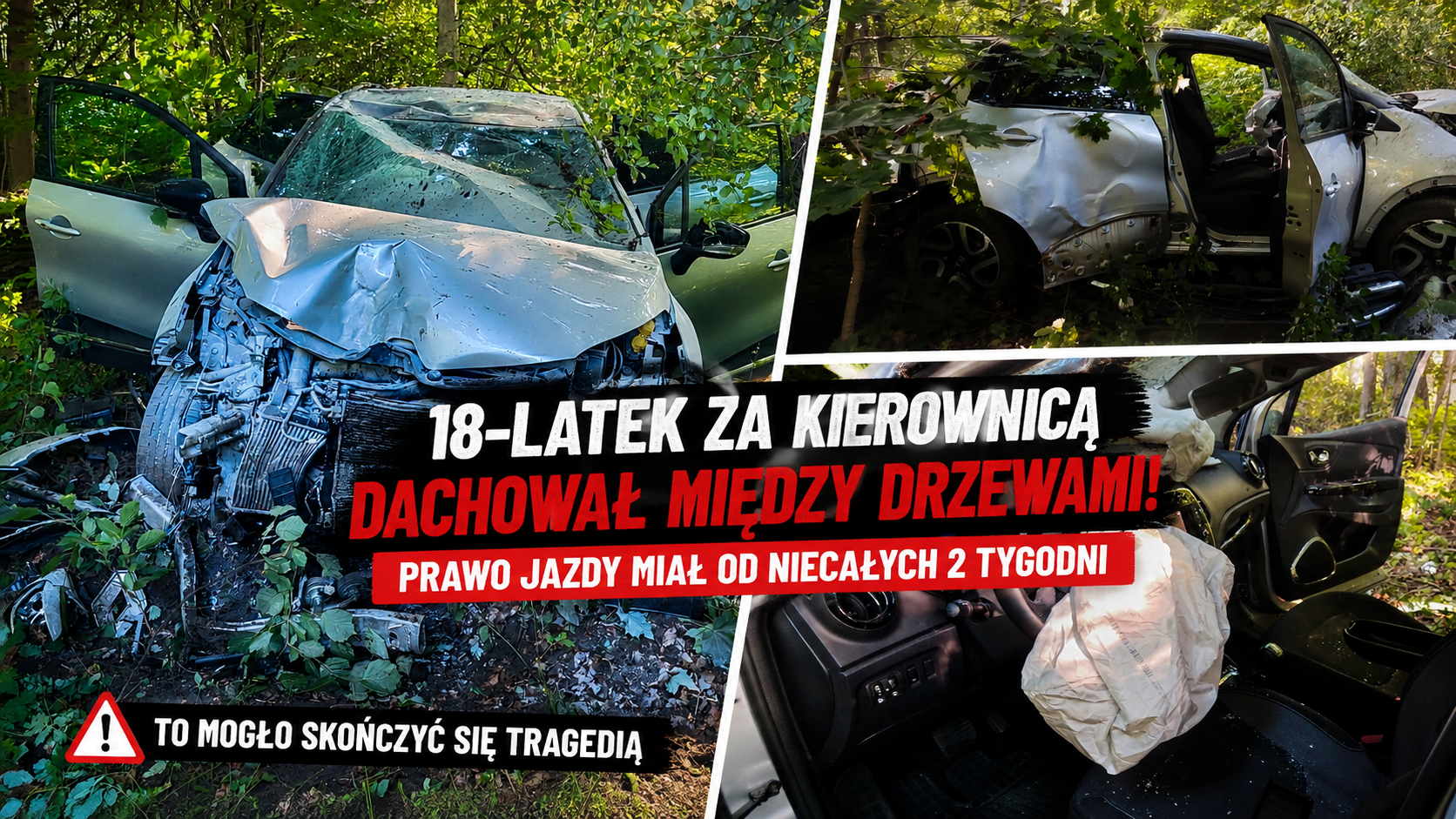 18-latek miał prawo jazdy od niespełna dwóch tygodni. Jazdę zakończył dachowaniem między drzewami
