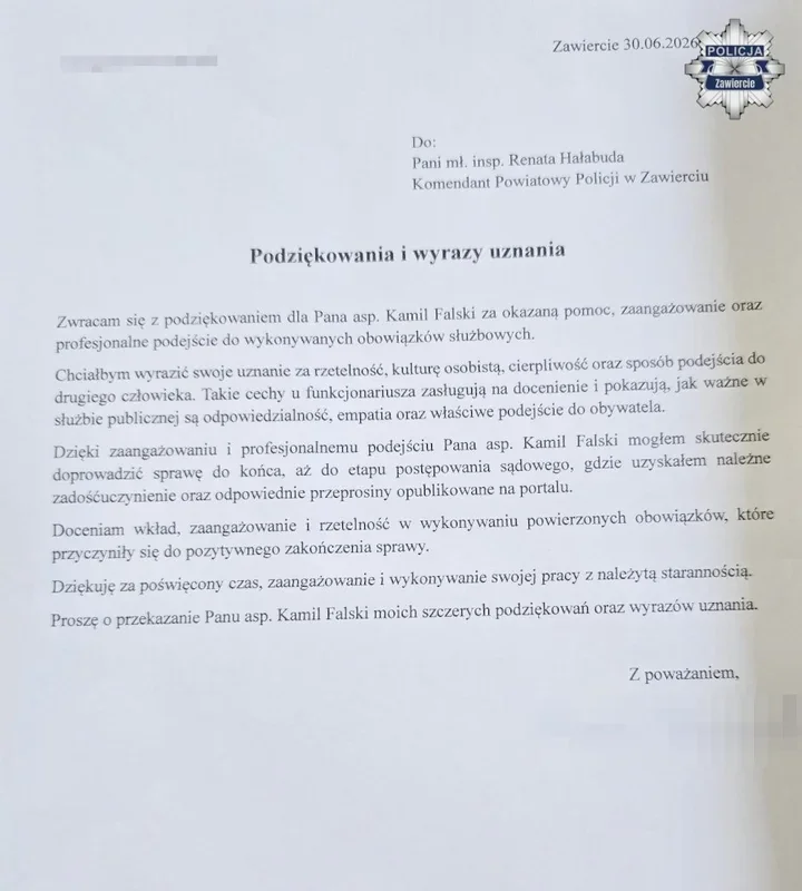 6 lipca 2026Podziękowania dla policjanta z Zawiercia po sprawie o zniesławienie