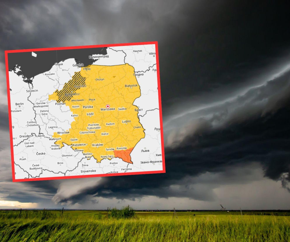 Ciemne chmury burzowe nad polem. Na wstawce mapa Polski z alertami IMGW. O pogodzie przeczytasz na Radioplus.