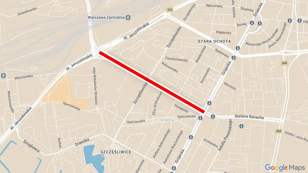 Trasa, którą pokonał autobus miejski, zanim wjechał w przejście podziemne