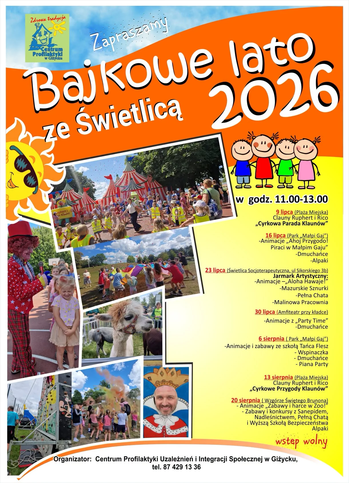 Bajkowe Lato ze Świetlicą 9 lipca 2026. Cyrkowa Parada Klaunów na Plaży Miejskiej📅 9 lipca 2026📍 Plaża Miejska w Giżycku