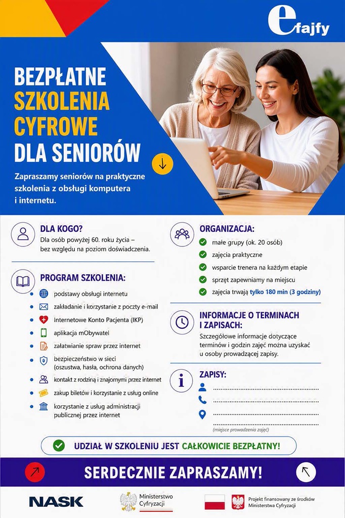 Bezpłatne szkolenie dla seniorów 60+ w ramach projektu „eFajfy”