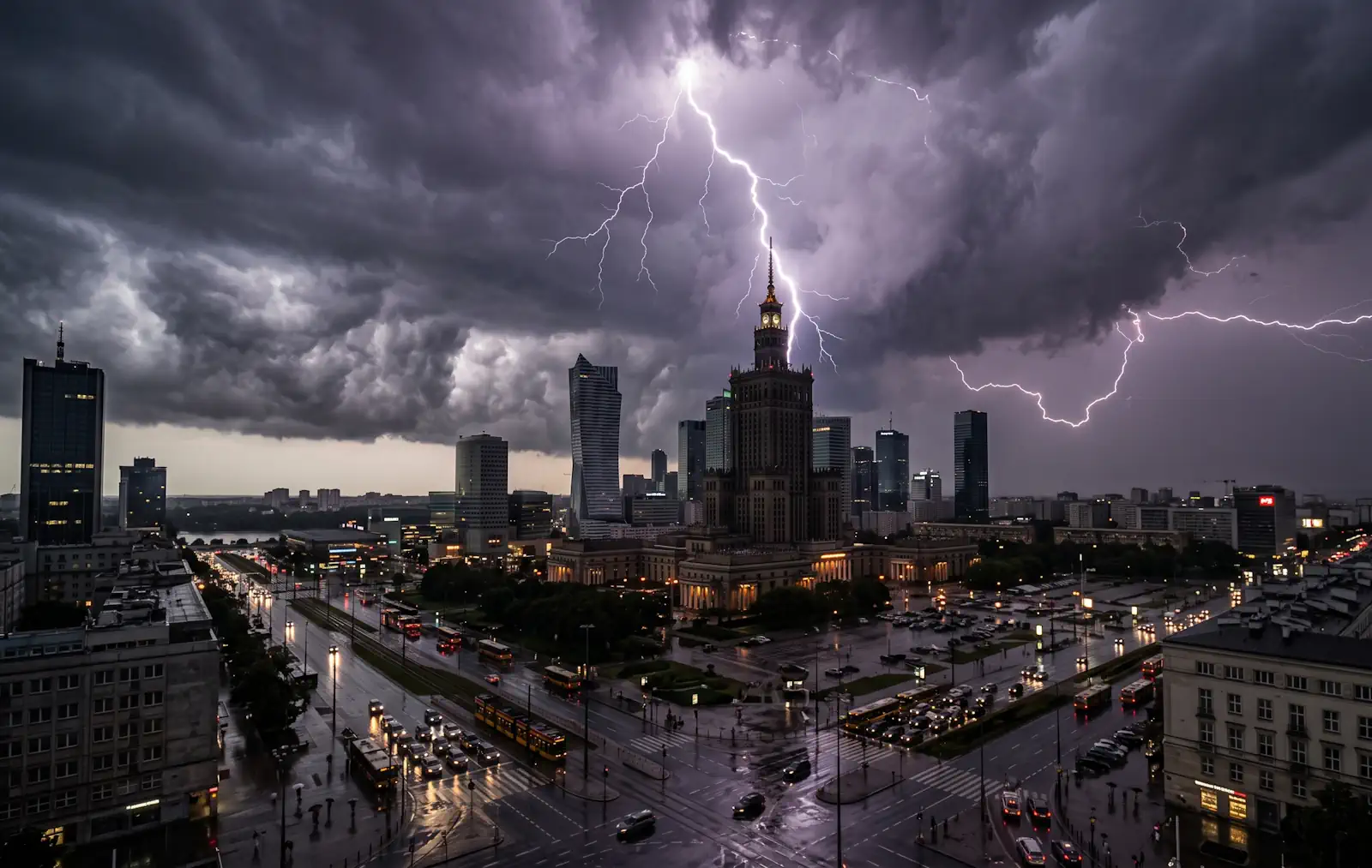 Burza nad Warszawą. | Obraz wygenerowany przy pomocy AI.