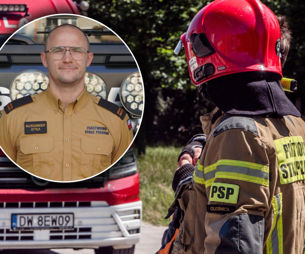 Strażak w mundurze. Na miniaturze obok sekc. Aleksander Styła. O akcji w Korzeńsku przeczytasz na Eska Poznań.
