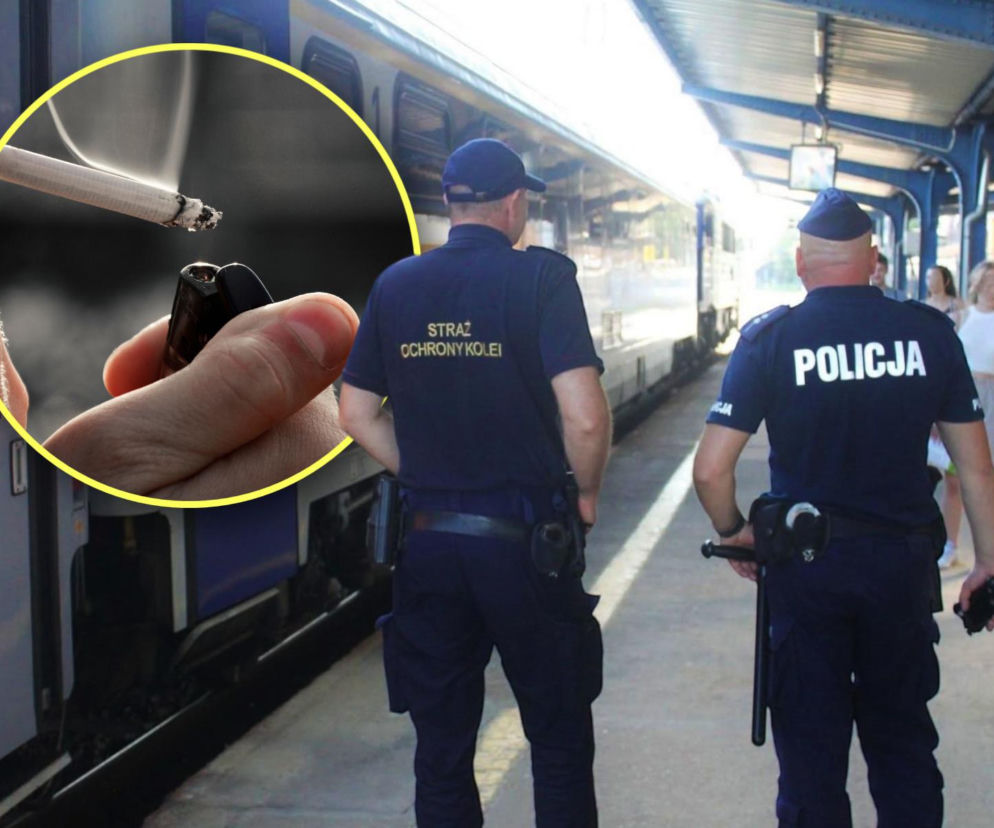 Policjant i sokiście na peronie. Na miniaturowej wstawce palący się papieros. O zatrzymaniu czytaj w Eska Szczecinek.