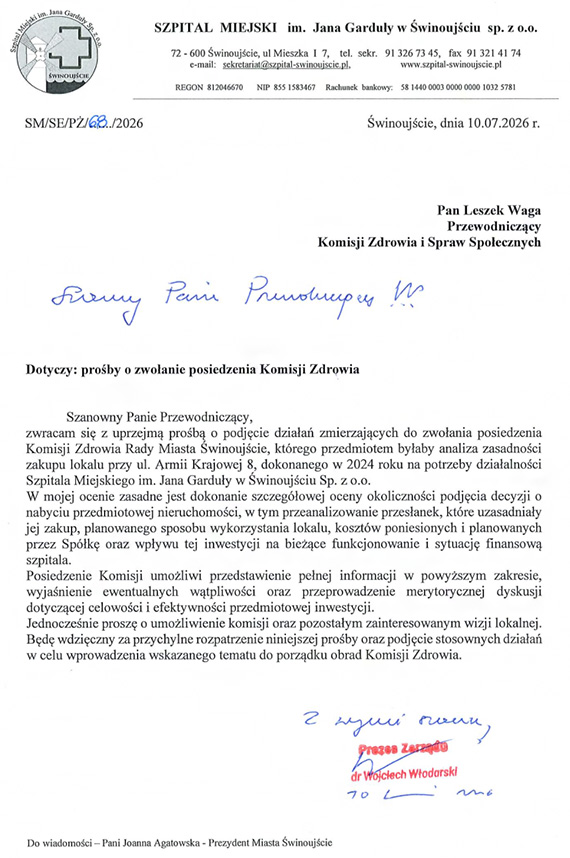 Czy zakup lokalu przy Armii Krajowej 8 był potrzebny? Prezes szpitala prosi o zwołanie Komisji Zdrowia