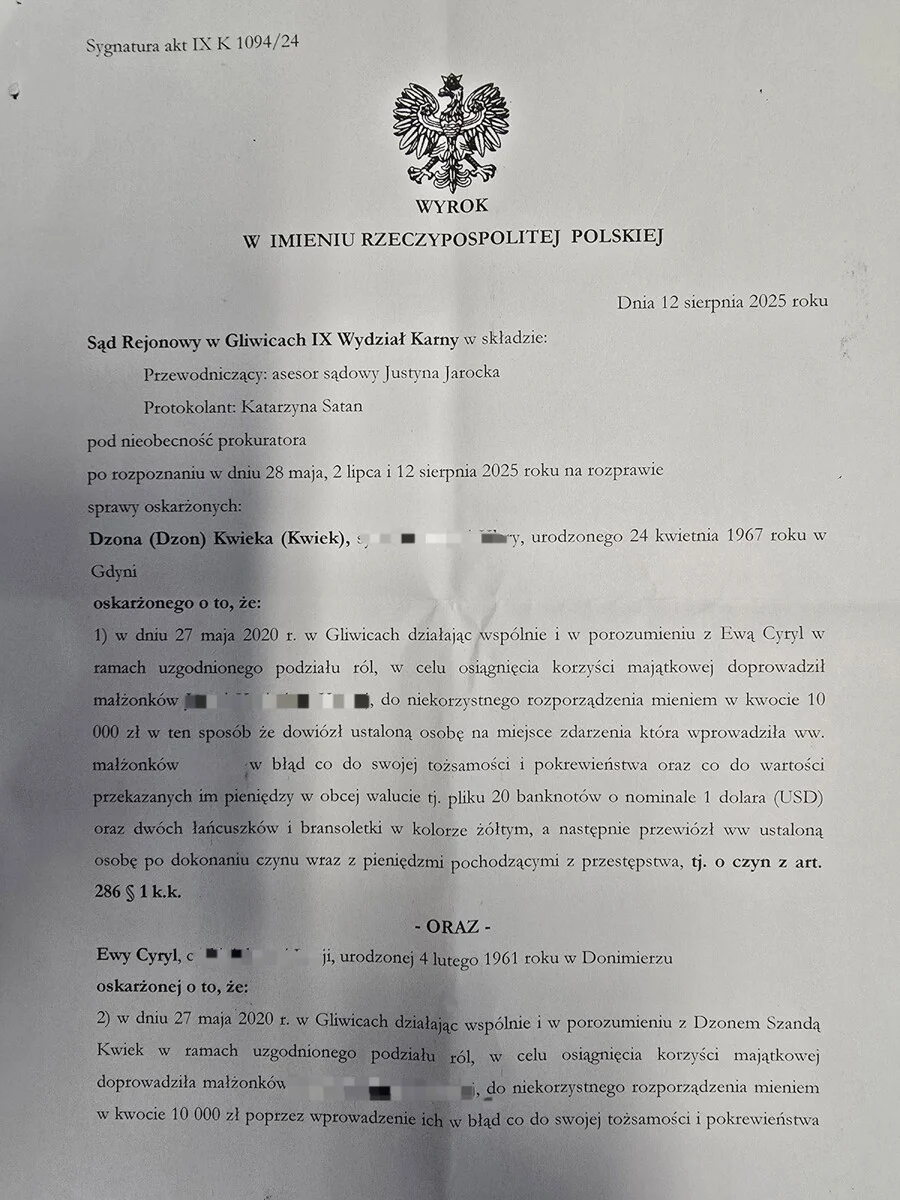Gliwice: Sąd skazał Dzona Kwieka i Ewę Cyryl za oszustwo