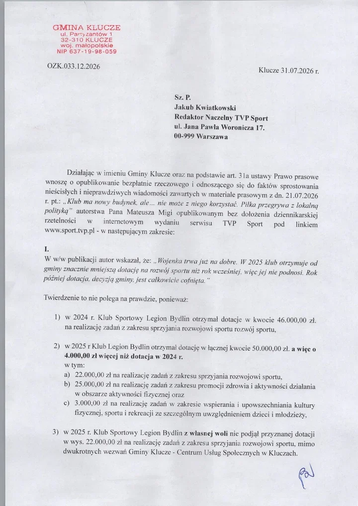 Gmina Klucze żąda sprostowania informacji w materiale TVP Sport