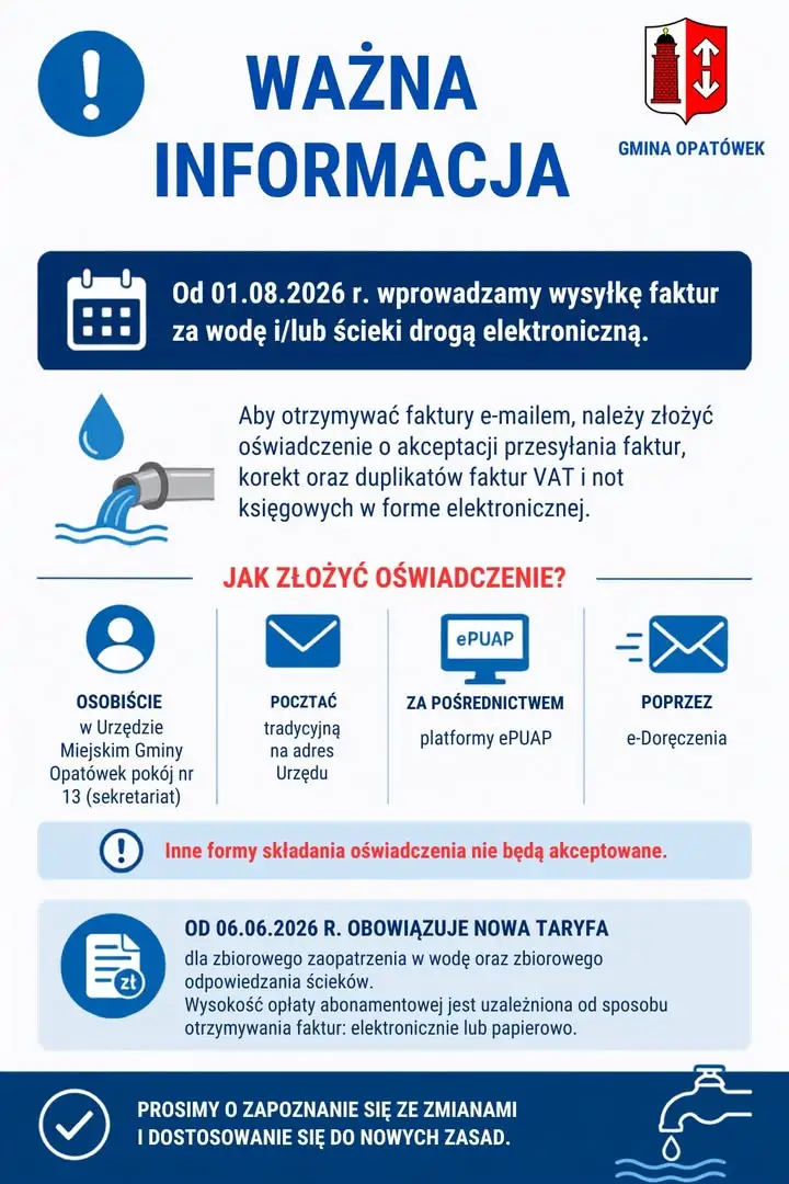 Gmina Opatówek wprowadza e-faktury za wodę i ścieki od 1 sierpnia