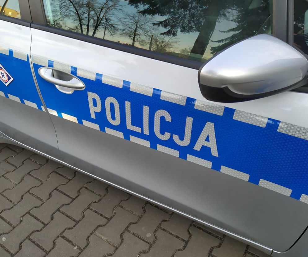 Srebrny radiowóz z niebieskim pasem i napisem Policja. O wypadku na S11 koło Borówca przeczytasz na Eska Poznań.