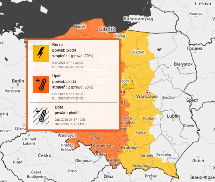IMGW ostrzega mieszkańców Płocka i powiatu. Burze, silny wiatr i upał