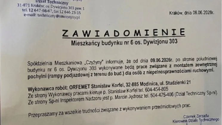 Zawiadomienie dotyczące prowadzonych prac