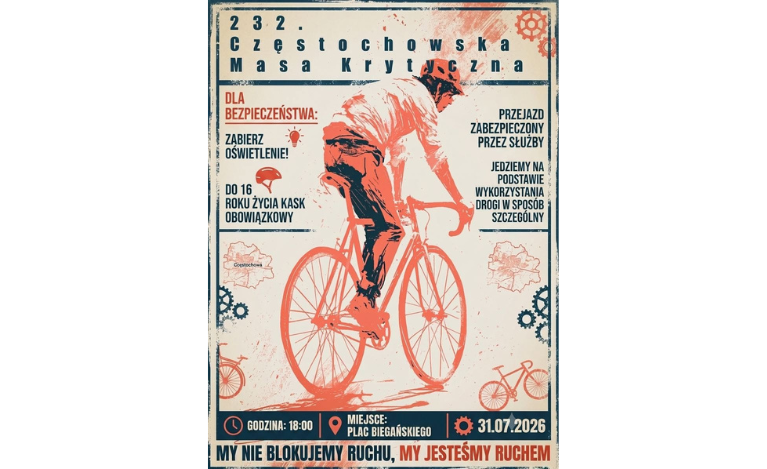 Już dziś 232. Częstochowska Masa Krytyczna. Zbiórka o 18:00 na Placu Biegańskiego