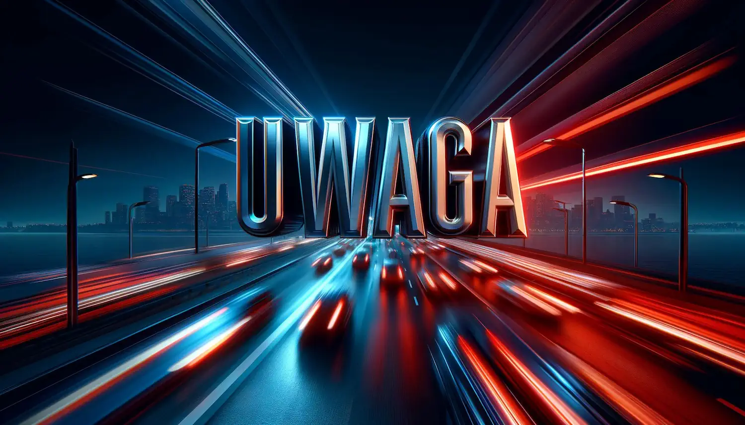 Napis uwaga na tle ruchliwej drogi.