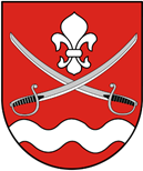 herb czerwony, z przodu dwie szable białe, znak biały i biała fala