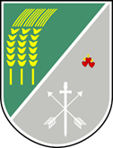 herb przedzielony skośnie na pół, góra zielona z trzema żółtymi kłosami zboża, z dołu trzy serca czerwone z płomieniami i miecz z dwoma strzałami w kolorze białym