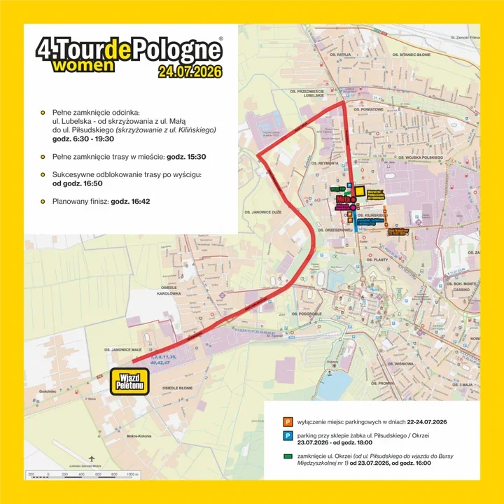 Kolarstwo na ulicach, zamknięte parkingi. Tour de Pologne Women w Zamościu