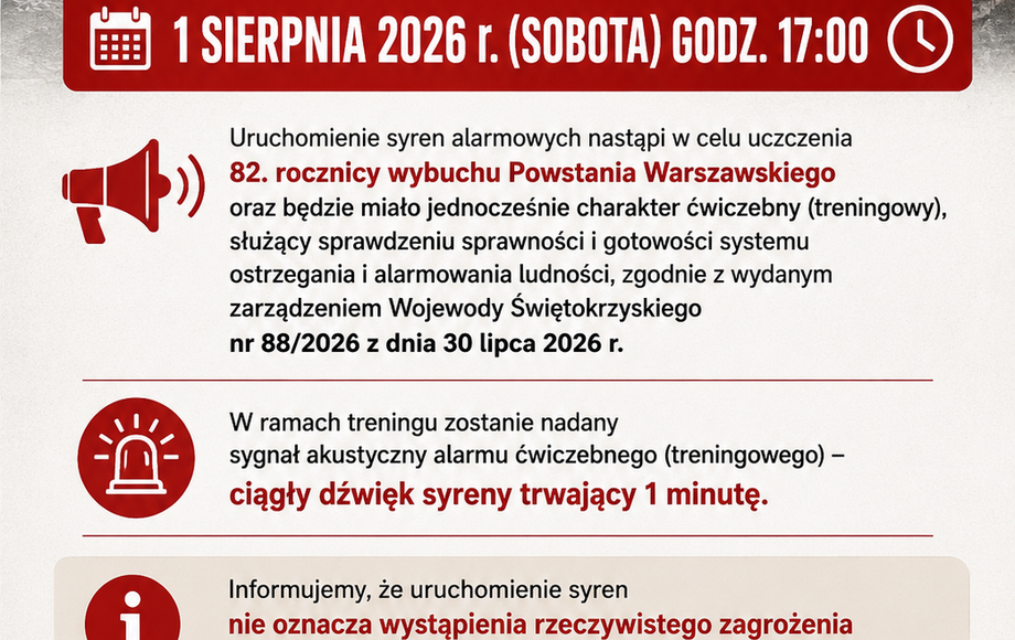 Komunikat - Planowe uruchomienie syren alarmowych w dniu 1 sierpnia