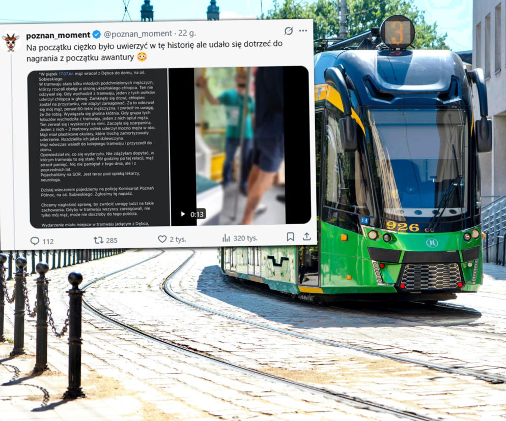 Zielony tramwaj w Poznaniu. Obok zrzut ekranu z wpisem o pobiciu. O ataku przeczytasz na Eska Poznań.