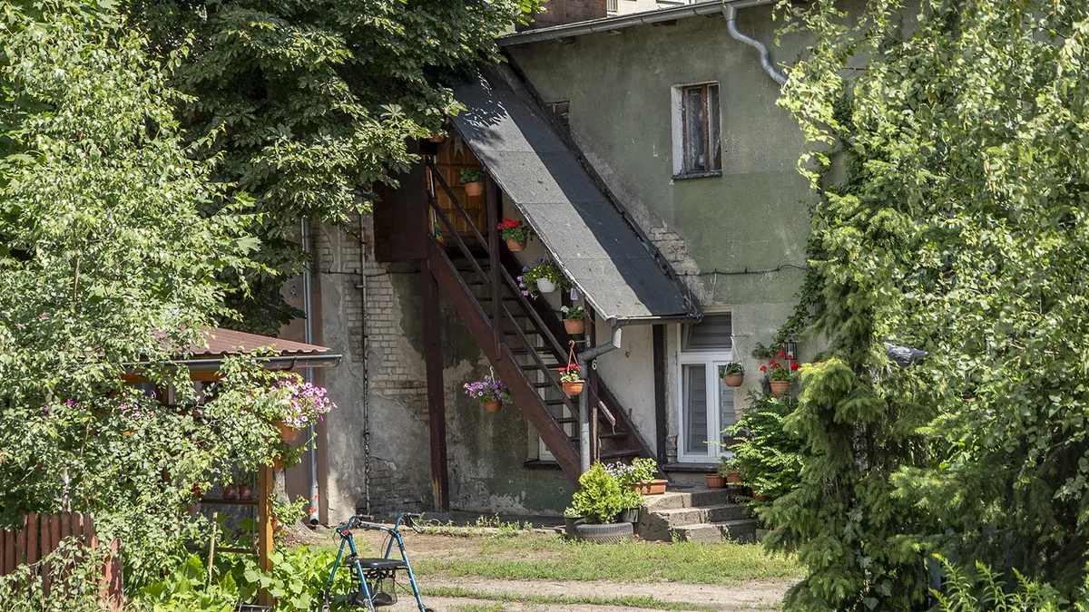 Stare podwórko z kwiatami na osiedlu Zamoście w Pile
