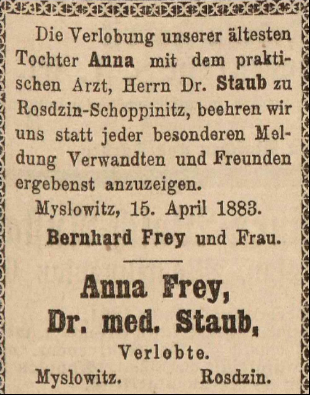 Zaręczyny Leopolda Stauba i Anny Frey, kwiecień 1883 Fot.: www.sbc.org.pl