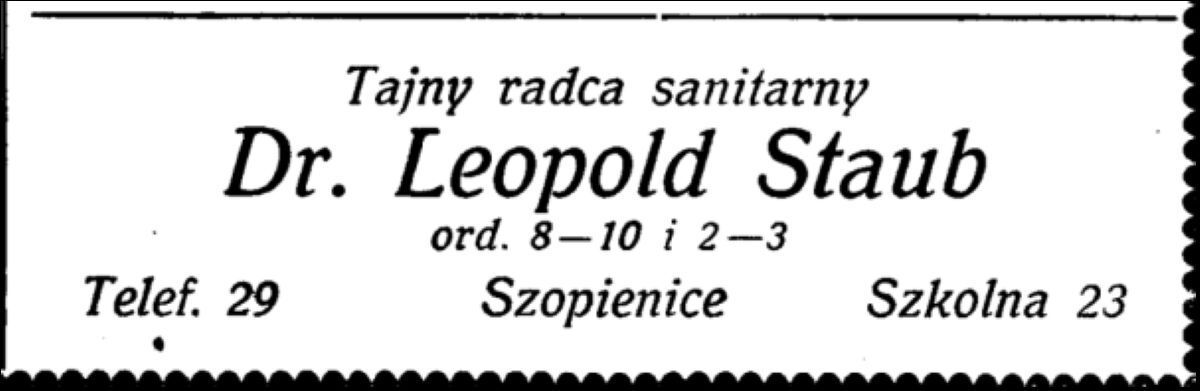 Inserat doktor Leopold Staub 1926 Fot.:www.sbc.org.pl
