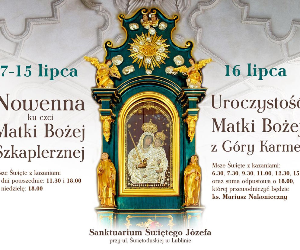 Plakat z programem uroczystości ku czci Matki Bożej Szkaplerznej w Lublinie. O szczegółach przeczytasz na Radioplus.