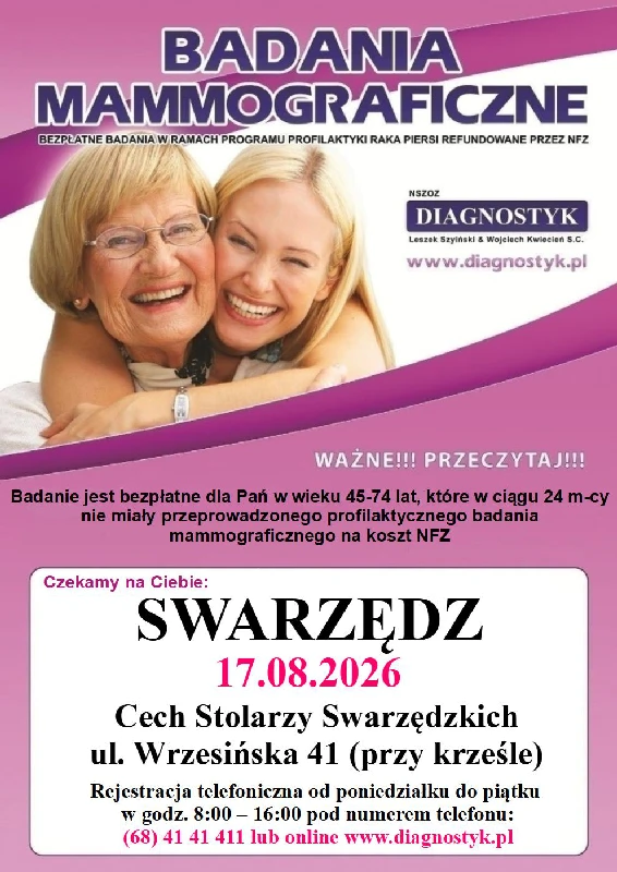 Mammografia w Swarzędzu przy Cechu Stolarzy - bezpłatnie