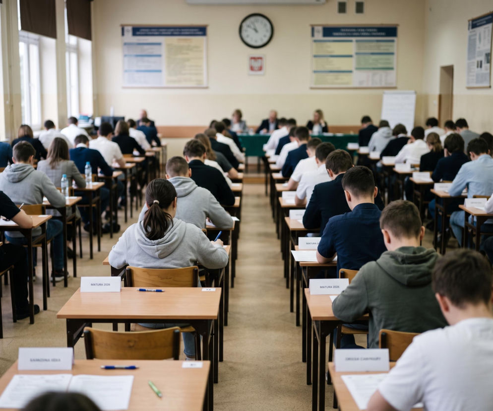 Uczniowie piszący maturę w dużej sali lekcyjnej. O wynikach egzaminów w Gdyni przeczytasz na Eska.