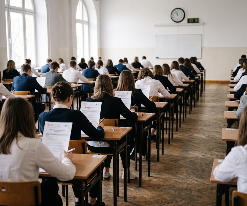 Maturzyści piszą egzamin w sali lekcyjnej. O wynikach matur w Łodzi przeczytasz na SE.