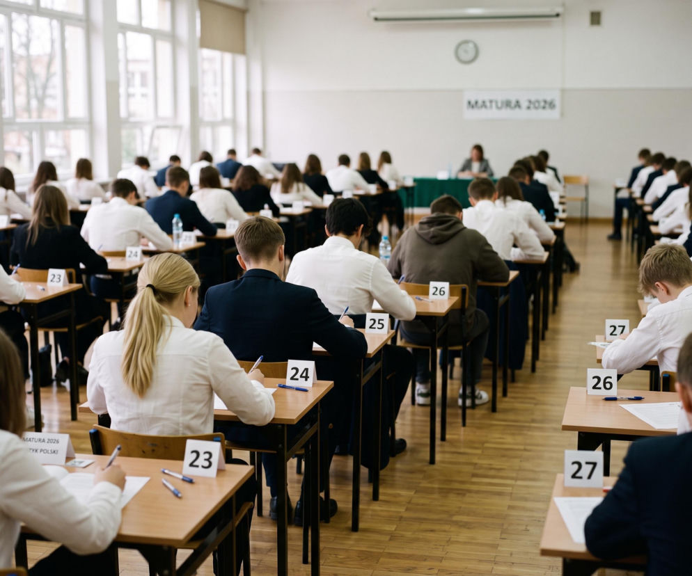 Uczniowie piszący egzamin w sali z napisem Matura 2026. O wynikach matur w Olsztynie przeczytasz na Eska.