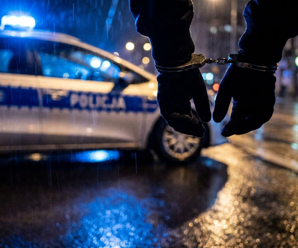 Zakute w kajdanki ręce pijanego kierowcy na tle radiowozu. O zatrzymaniu w Radomiu przeczytasz na Eska Radom.