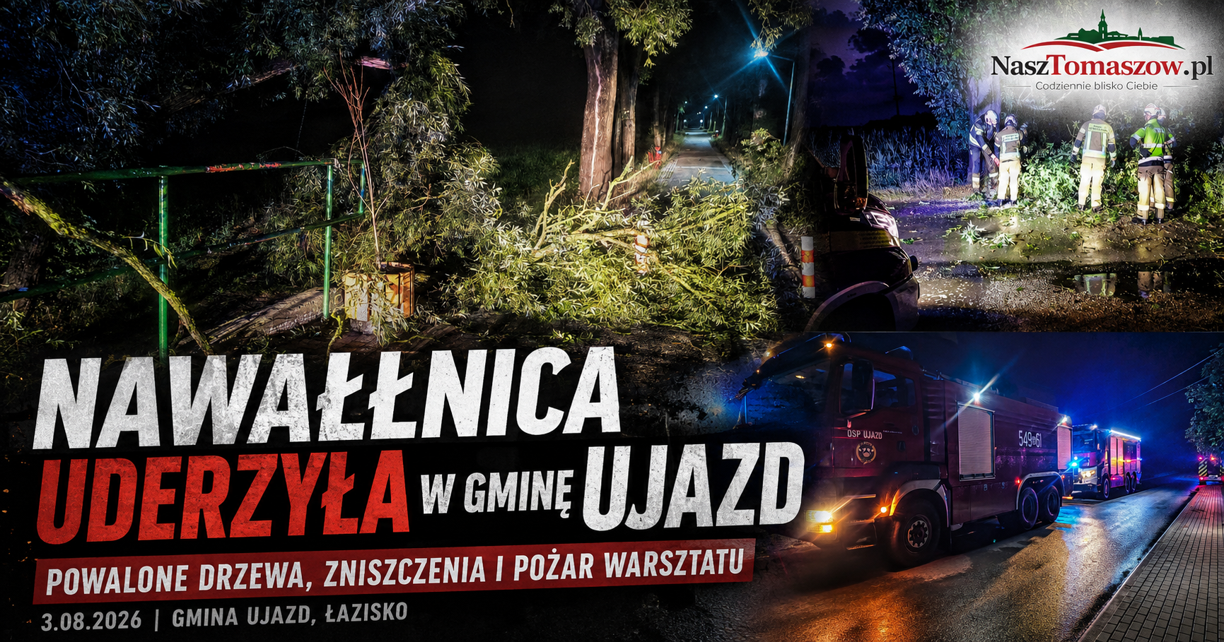 Nawałnica uderzyła w gminę Ujazd. Powalone drzewa, zerwane linie i pożar warsztatu