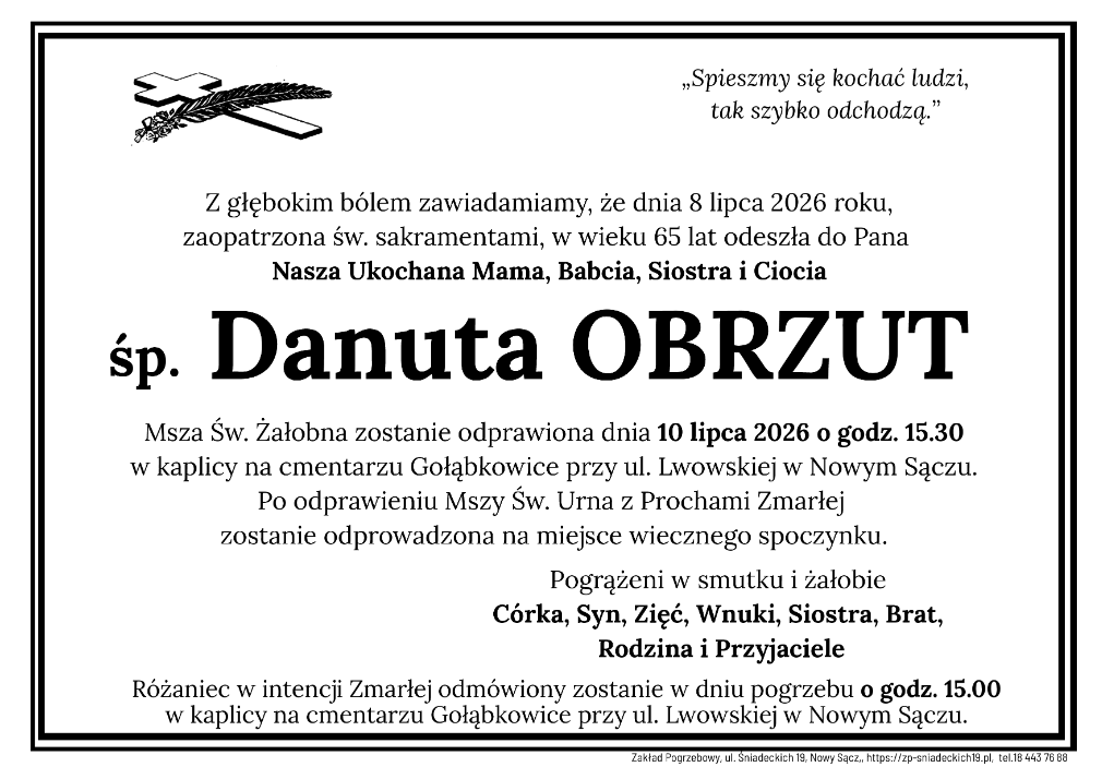 Nie żyje Danuta Obrzut. Uroczystości pogrzebowe odbędą się dziś w Nowym Sączu