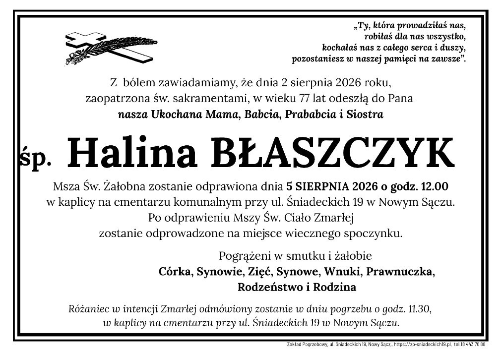 Nie żyje Halina Błaszczyk. Uroczystości pogrzebowe odbędą się w środę w Nowym Sączu