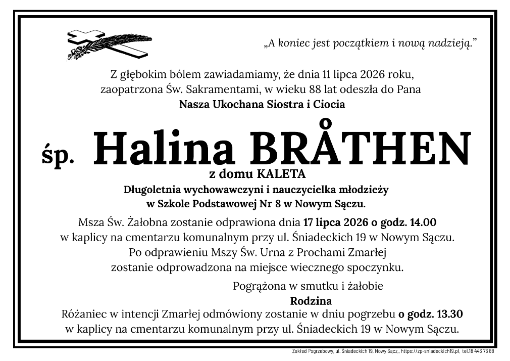 Nie żyje Halina Bråthen. Wieloletnia nauczycielka Szkoły Podstawowej nr 8 w Nowym Sączu