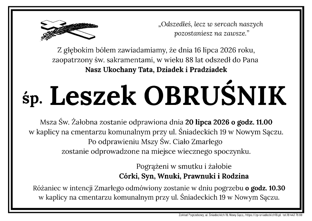 Nie żyje Leszek Obruśnik. Uroczystości pogrzebowe odbędą się w Nowym Sączu