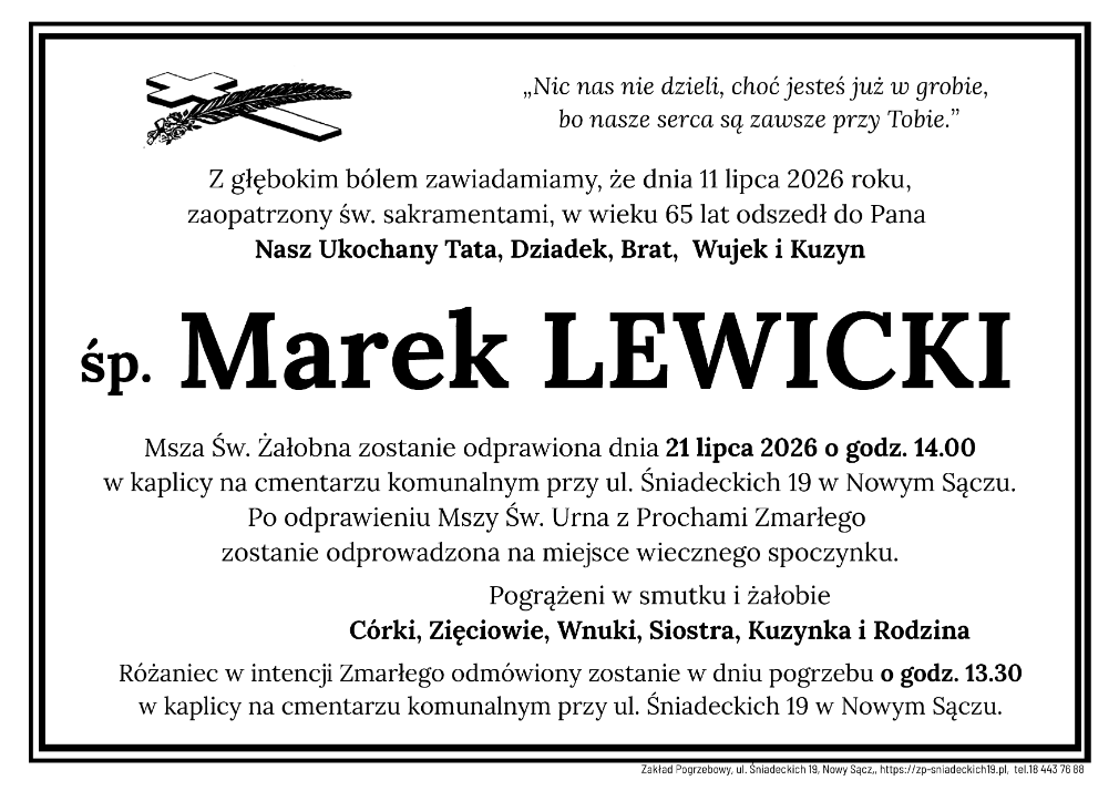 Nie żyje Marek Lewicki. Uroczystości pogrzebowe odbędą się w Nowym Sączu