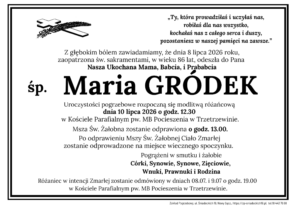 Nie żyje Maria Gródek. Uroczystości pogrzebowe odbędą się dziś w Trzetrzewinie
