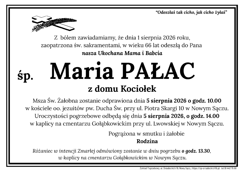 Nie żyje Maria Pałac. Uroczystości pogrzebowe odbędą się w środę w Nowym Sączu
