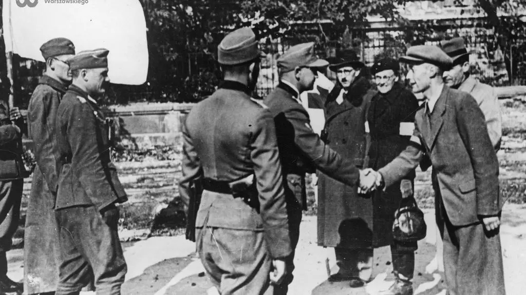 Spotkanie delegacji polskiej i niemieckiej na placu przed Politechniką Warszawską - 29 września 1944 r.
