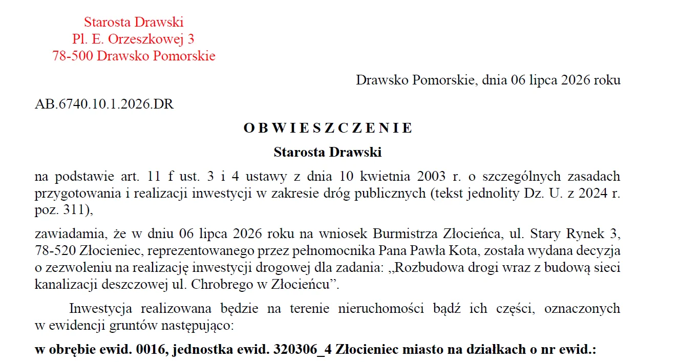 Obwieszczenie Starosty Drawskiego