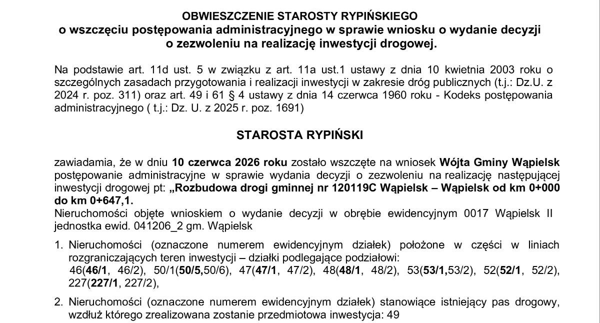 Obwieszczenie Starosty Rypińskiego