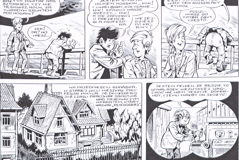 Czarno-biała strona komiksu przedstawia w górnej części rozmowę bohaterów na pokładzie statku podczas sztormu, w tym zmagającego się z chorobą morską Rocha. Dolne kadry ukazują starą willę na przedmieściu Gdańska oraz profesora Mixtura pracującego nad tajemniczym aparatem o nazwie „Psychograj”.