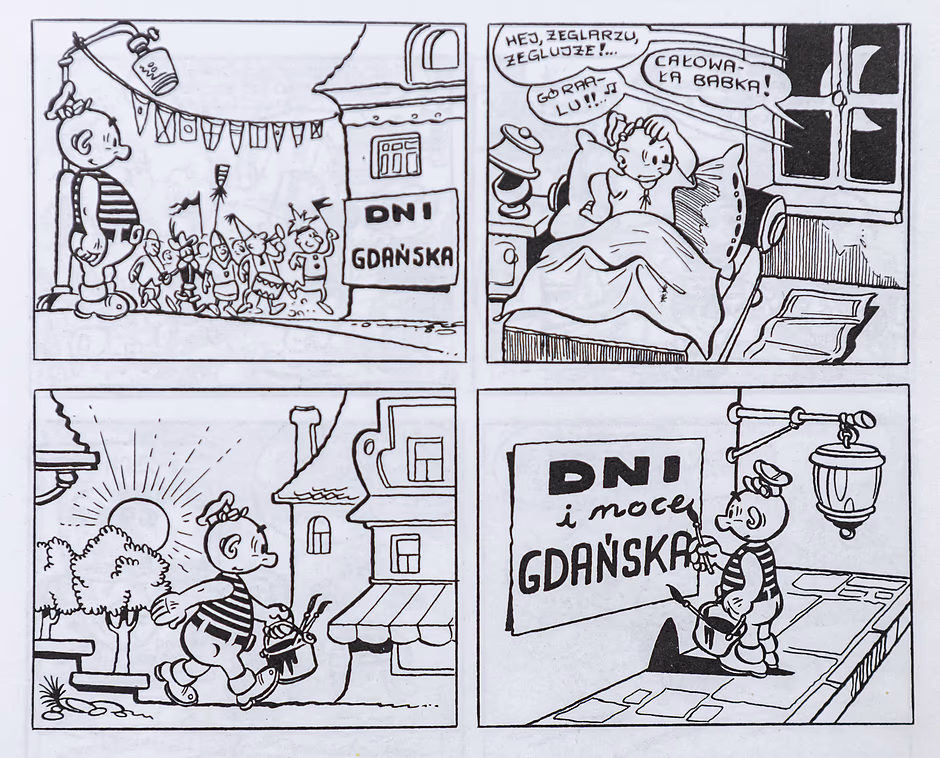 Czarno-biała strona komiksu składa się z czterech kadrów przedstawiających bohatera w marynarskim stroju na tle gdańskich kamienic. Ilustracje ukazują sceny związane ze świętem miasta, gdzie postać zmaga się z hałasem podczas „Dni Gdańska”, a na koniec domalowuje na plakacie napis „i noce”.