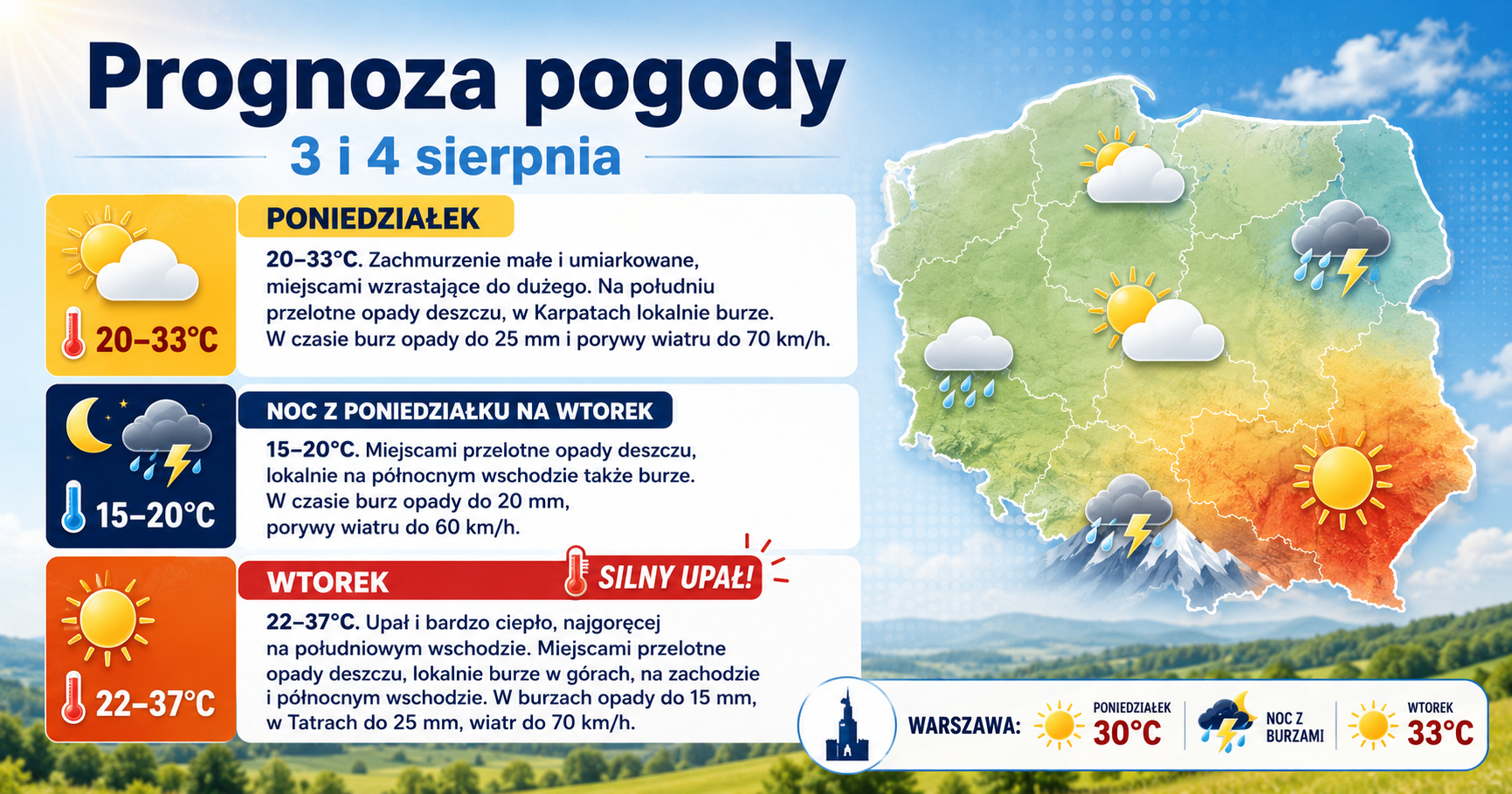 Pogoda na 3 i 4 sierpnia. Upał wróci z pełną siłą, miejscami pojawią się burze