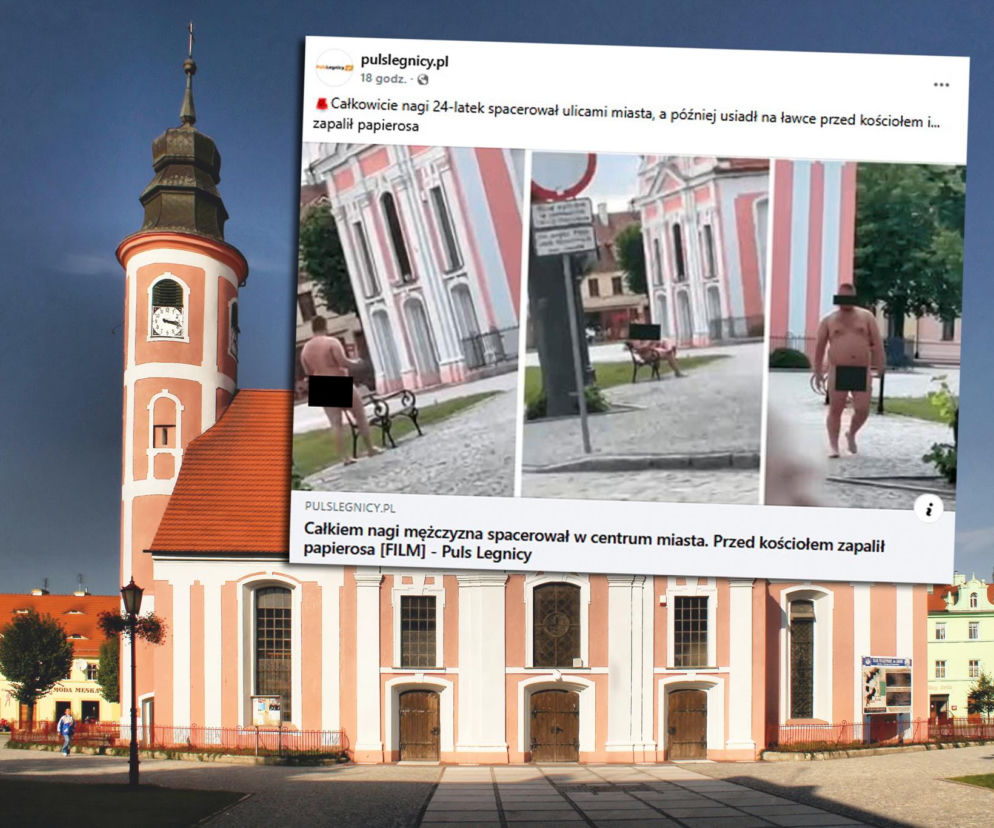 Różowy kościół w Chocianowie. Na wstawce nagi mężczyzna na rynku, o czym przeczytasz na SE Wrocław.