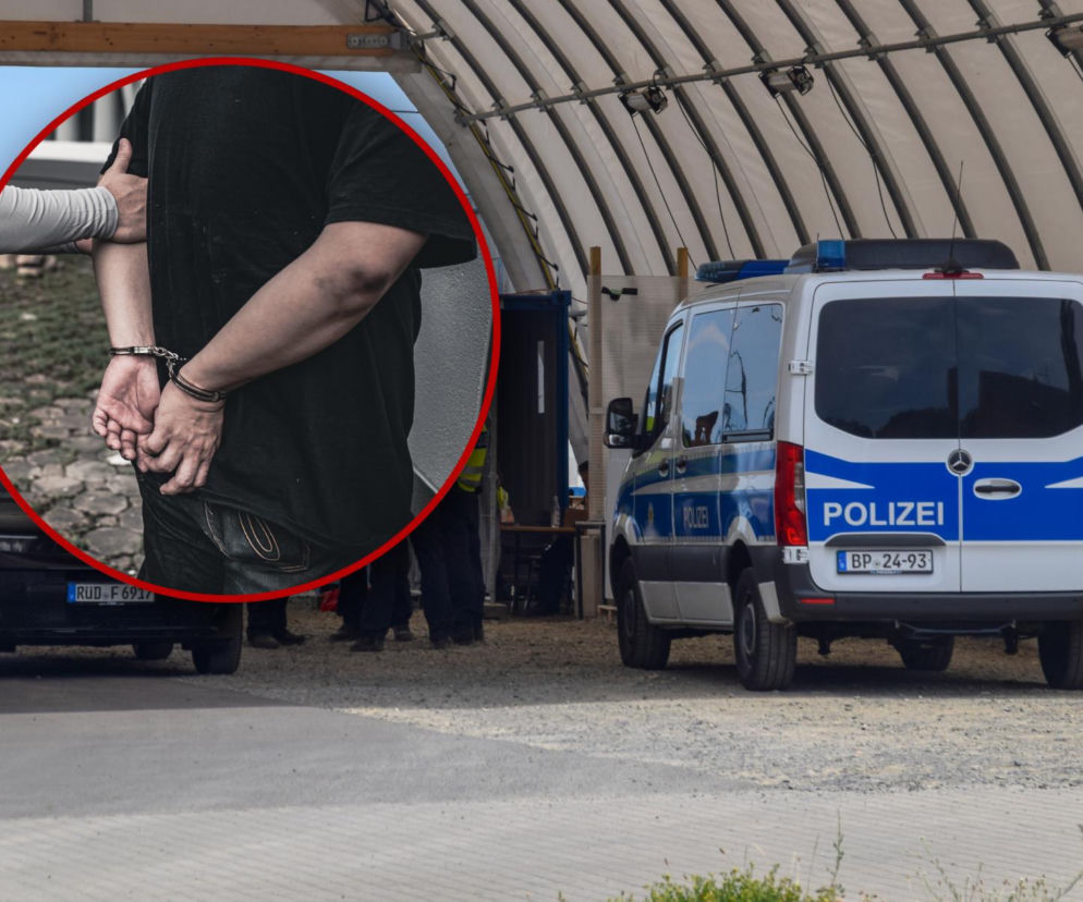 Radiowóz Polizei przy granicy. Na miniaturze dłonie zakutego w kajdanki Polaka. O sprawie pisze Eska Szczecin.