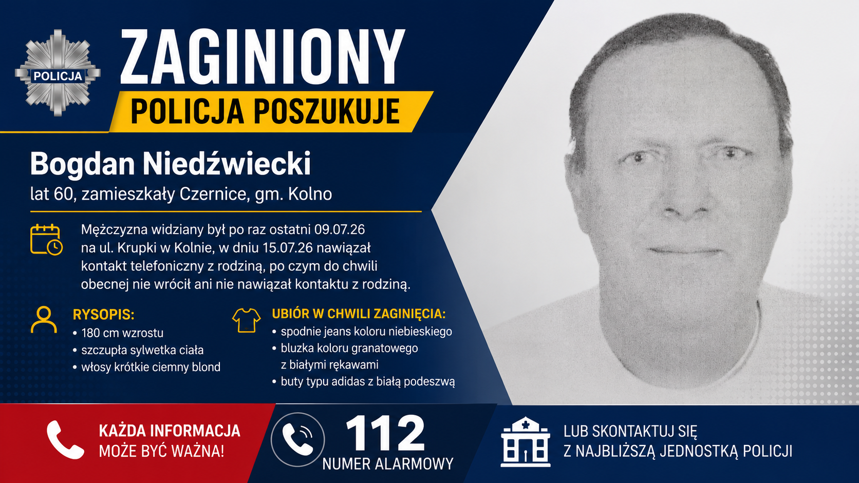 Policja poszukuje 60-letniego mieszkańca gminy Kolno. Apel o pomoc